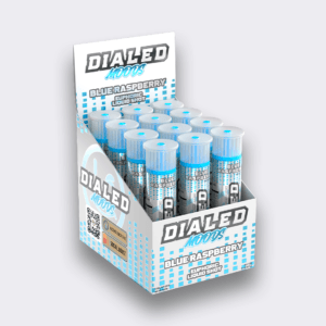 Dialed Products Energy Shots Kava Blue Raspberry 12-pack can image showing blue raspberry flavored functional energy shots with kava for mood and energy boost