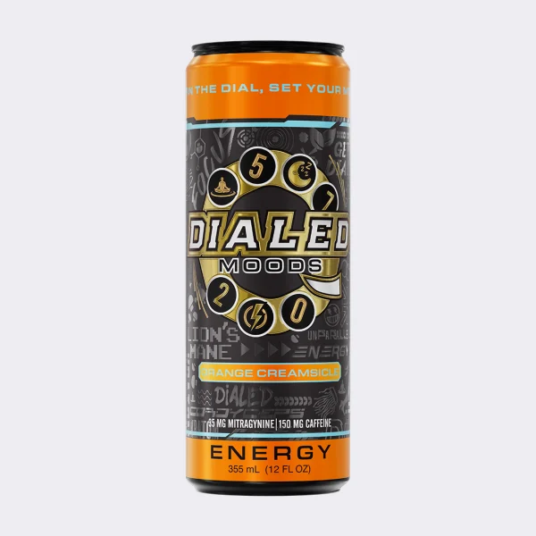 Orange Creamsicle flavored energy drink can - Dialed Moods 20/0 energy beverage in 12 fl oz sleek aluminum can