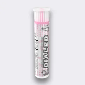 Nutralink Products DYALED Sour Candy effervescent tablets in a white and pink tube, sour candy flavor supplement for energy and mood support.