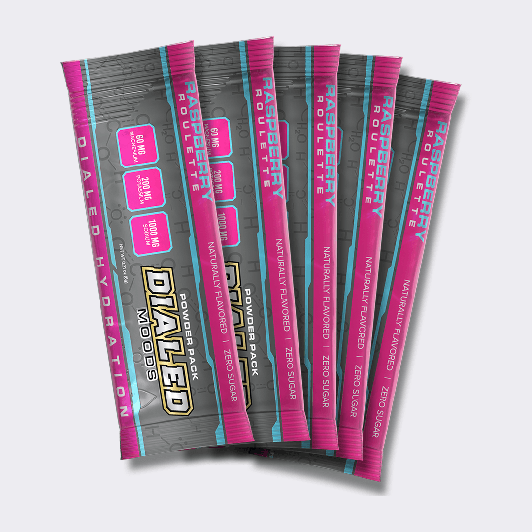 Dialed Hydration HYD-5 raspberry electrolyte powder stick packs for hydration support, naturally flavored with zero sugar and key electrolytes.