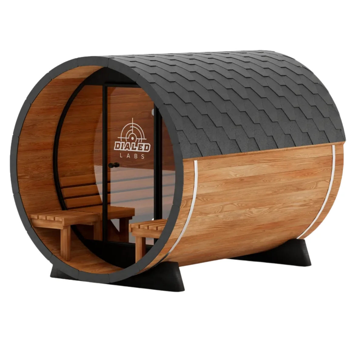 Premium outdoor wooden barrel sauna with natural timber, efficient heat distribution, energy-saving round design for backyard wellness, relaxation and cardiovascular health