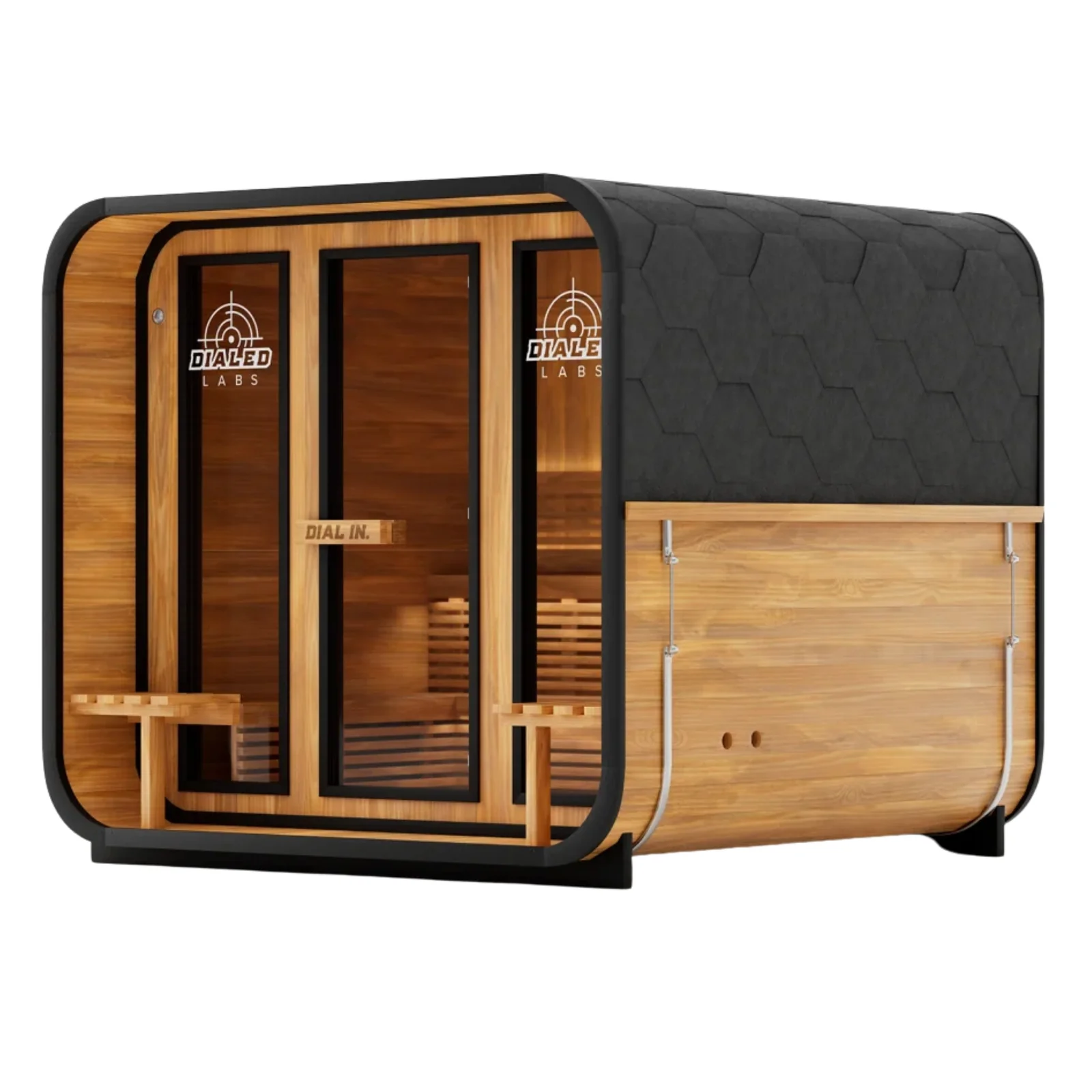 DL Sauna King 4 infrared outdoor sauna cabin with wooden exterior and glass front doors showcasing interior bench seating for 4 people