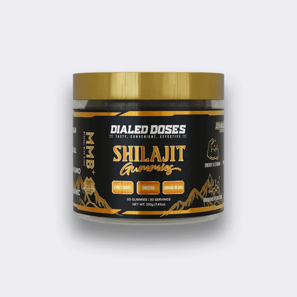 Dialed Moods Shilajit Gummies bottle front label showing focus & cognitive support herbal supplement with natural brain boosting ingredients for energy and mental clarity
