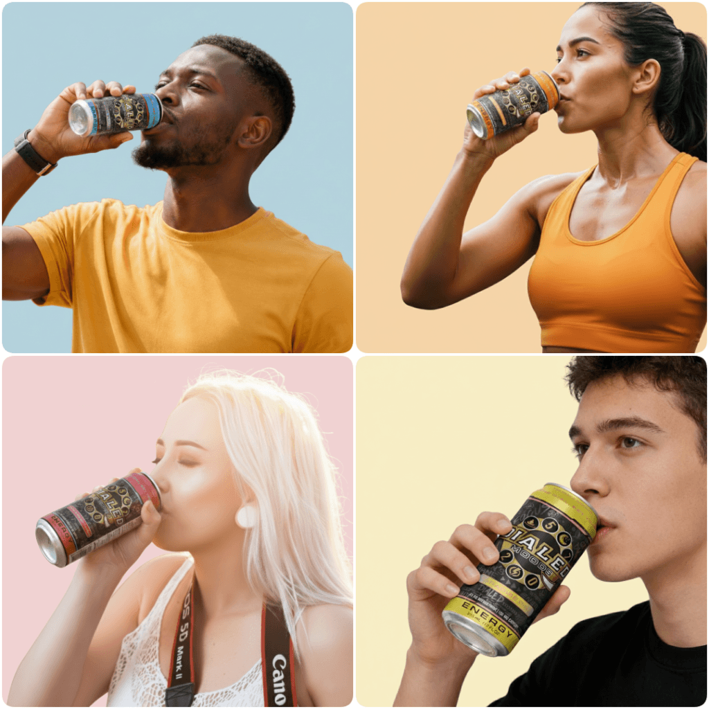 collage of diverse adults drinking NutraLink energy drink cans highlighting active lifestyle and refreshing beverage product.