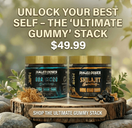 NutraLink Ultimate Gummy Stack with Dialed Doses Sea Moss and Shilajit gummies displayed on wood, supplement wellness immune support.